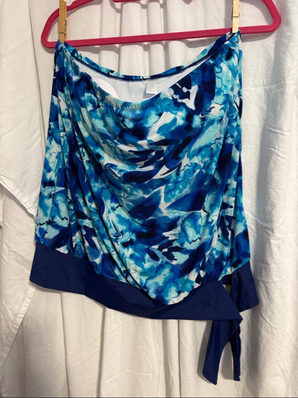 Blue Abstract Print Women’s Swim Tankini Top with Navy Trim